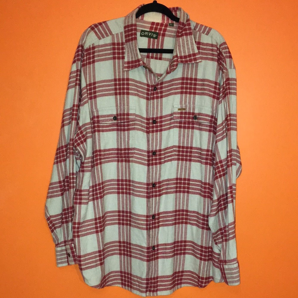 Orvis Flannel & Leather Shirt Mens XXL 2XL 2X Cream & Red Farmer Rustic Outdoor